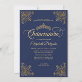 Classic Navy Blue Gold Frame Tiara Quinceanera Einladung (Vorderseite)