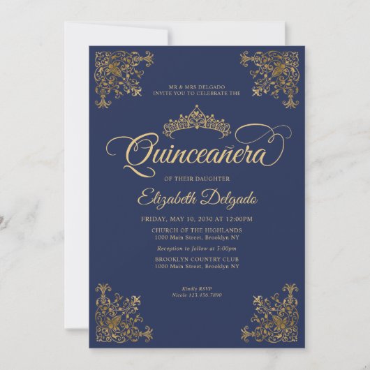 Classic Navy Blue Gold Frame Tiara Quinceanera Einladung (Vorderseite)
