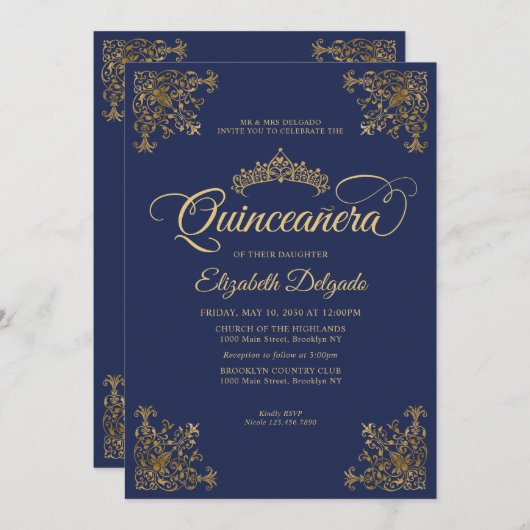 Classic Navy Blue Gold Frame Tiara Quinceanera Einladung (Vorne/Hinten)