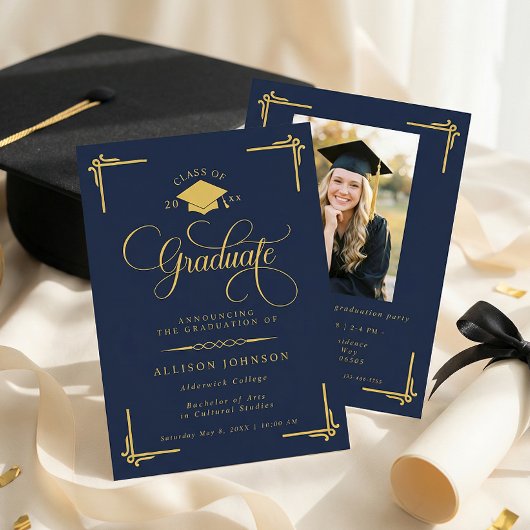 Classic Navy Blue Gold Photo Graduation Einladung