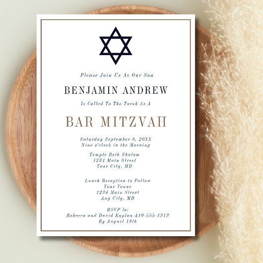 Classic Navy Blue Gold Star Bar Bat Mitzvah Einladung