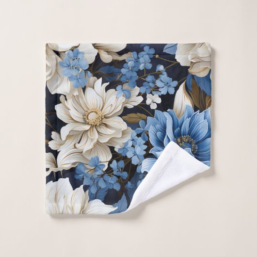 Classic Navy Blue Ivory Gold Floral Towel Badhandtuch Set (Waschlappen)