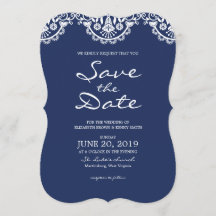 Classic Navy Blue Lace Save the Date Card