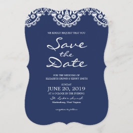 Classic Navy Blue Lace Save the Date Card