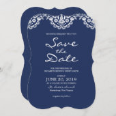 Classic Navy Blue Lace Save the Date Card (Vorne/Hinten)