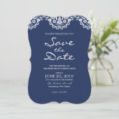 Classic Navy Blue Lace Save the Date Card (Stehend Vorderseite)