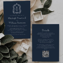 Classic Navy Blue Monogram Crest QR Code Wedding Einladung