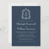 Classic Navy Blue Monogram Crest QR Code Wedding Einladung (Vorderseite)