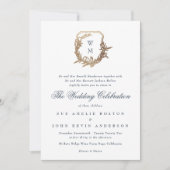 Classic Navy Blue Monogram Hochzeitgold Wappen Einladung (Vorderseite)