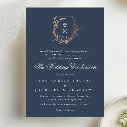 Classic Navy Blue Monogram Hochzeitgold Wappen Einladung