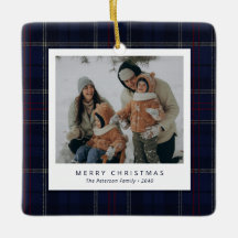 Classic Navy Blue Plaid Family 4 Photo Holiday