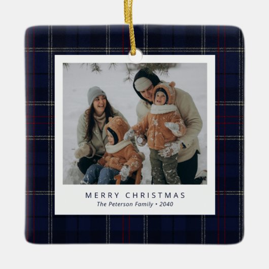 Classic Navy Blue Plaid Family 4 Photo Holiday Keramikornament (Vorderseite)