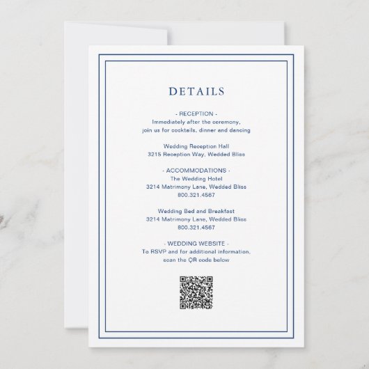 Classic Navy Blue QR Code Elegante Hochzeit Einladung (Rückseite)