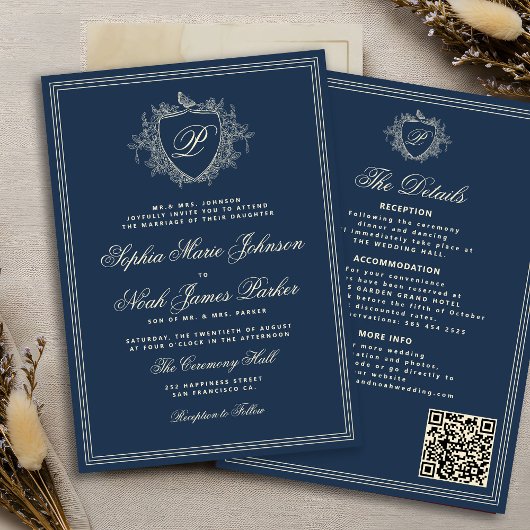 Classic navy blue QR code formal monogram wedding Einladung