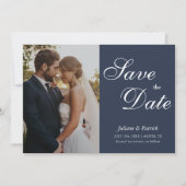 Classic Navy Blue Script Photo Save the Date (Vorderseite)