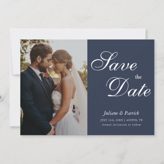 Classic Navy Blue Script Photo Save the Date (Vorderseite)