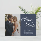 Classic Navy Blue Script Photo Save the Date (Stehend Vorderseite)