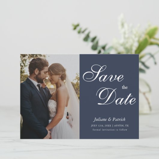 Classic Navy Blue Script Photo Save the Date (Stehend Vorderseite)