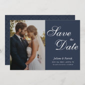 Classic Navy Blue Script Photo Save the Date (Vorne/Hinten)