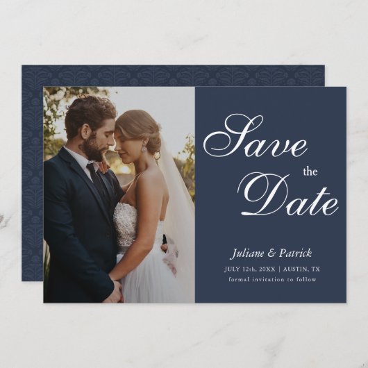 Classic Navy Blue Script Photo Save the Date (Vorne/Hinten)