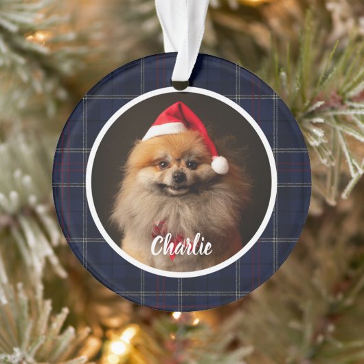 Classic Navy Blue Tartan Plaid Pet Dog Photo Ornament (Baum)