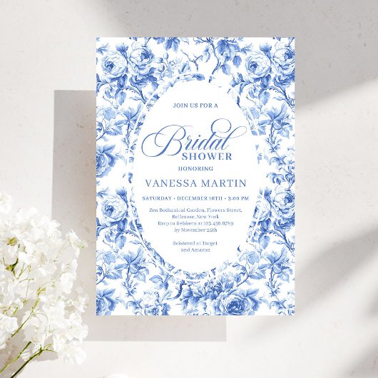 Classic Navy Blue Toile Rose Bridal Shower Invite Einladung