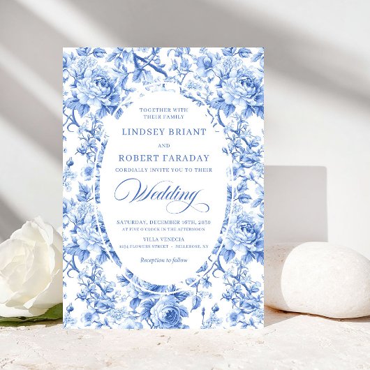 Classic Navy Blue Toile Rose Formal Wedding Invite Einladung