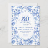 Classic Navy Blue Toile Roses 50th Birthday Invite Einladung (Vorderseite)