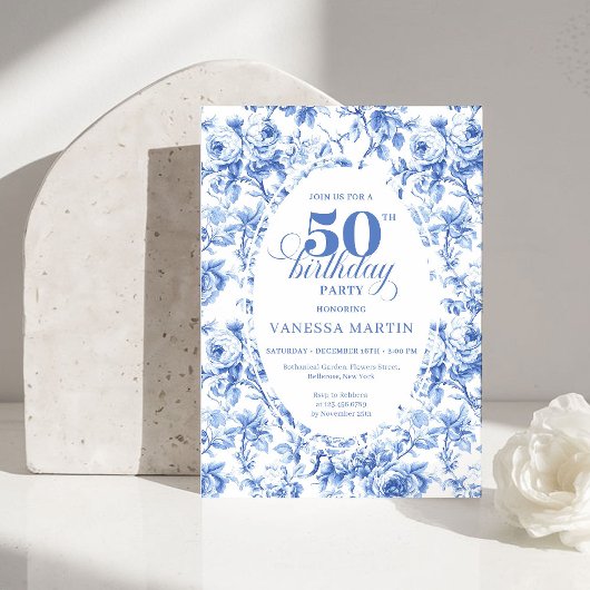 Classic Navy Blue Toile Roses 50th Birthday Invite Einladung