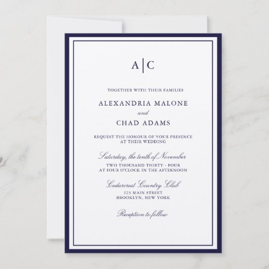 Classic Navy Blue und Ecru Monogram Wedding Einladung (Vorderseite)