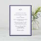 Classic Navy Blue und Ecru Monogram Wedding Einladung (Stehend Vorderseite)