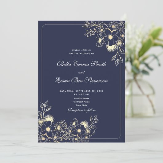 Classic Navy Blue Wedding Einladung mit QR Code (Stehend Vorderseite)