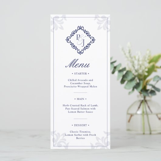 Classic Navy Blue Wedding Menu Card Menükarte (Stehend Vorderseite)