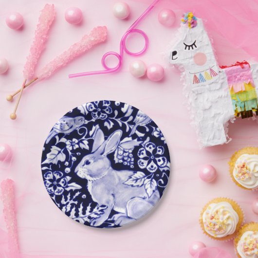 Classic Navy Blue, White Rabbit Birds Dedham Delft Pappteller (Party)