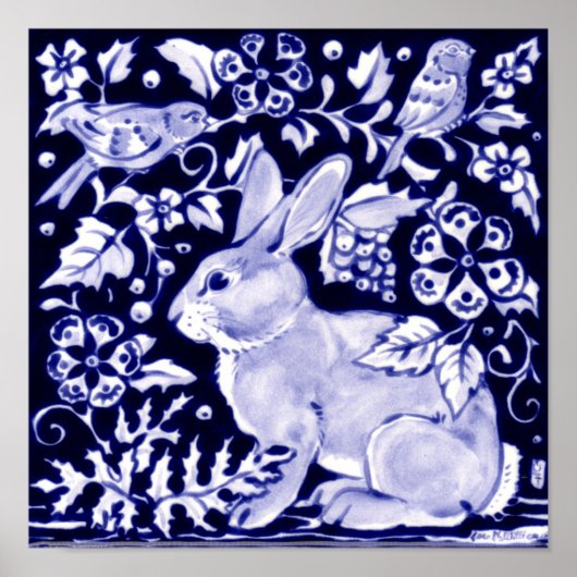 Classic Navy Blue, White Rabbit Birds Dedham Delft Poster (Vorne)