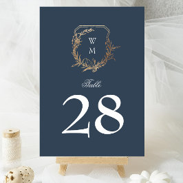 classic navy blue white wedding gold crest tischnummer