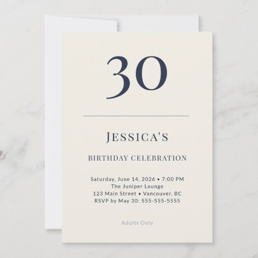 Classic Navy & Cream 30th Birthday Celebration Einladung (Vorderseite)
