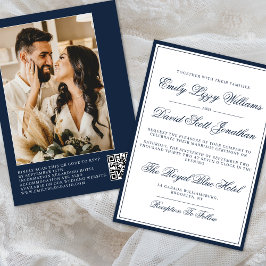 Classic Navy Elegantes Script QR Foto Einladung