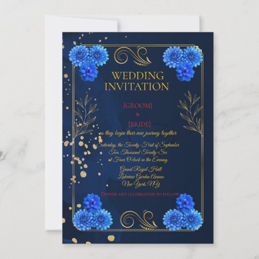 Classic Navy Floral Wedding Invite Template Einladung (Vorderseite)