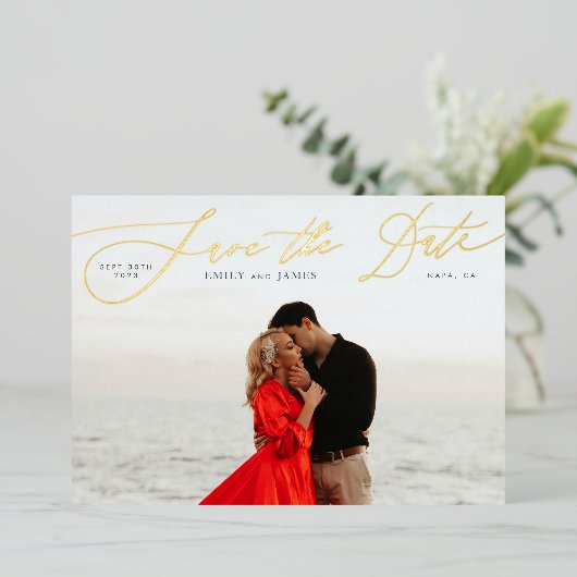 Classic Navy Foto The Wedding Gold Save the Date Folieneinladung (Stehend vorne)