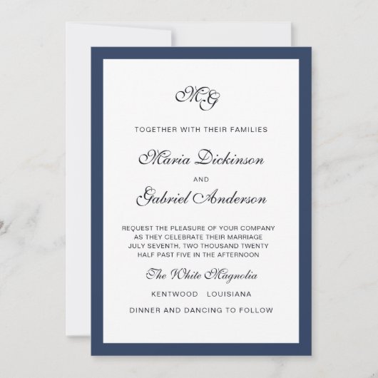 Classic Navy Frame Elegante Hochzeit Einladung (Vorderseite)