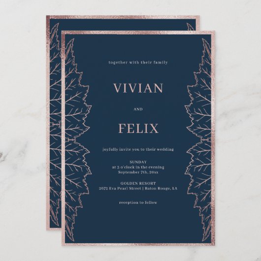 Classic Navy Matt Rose Gold Blätter Hochzeit Einladung (Vorne/Hinten)
