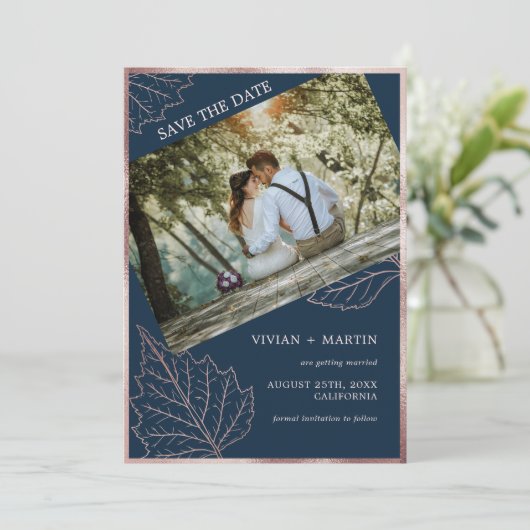 Classic Navy Matt Rose Gold Blätter Hochzeit Save The Date (Stehend Vorderseite)