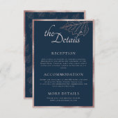 Classic Navy Matt Rose Gold Blätter Hochzeitsdetai Begleitkarte (Vorne/Hinten)