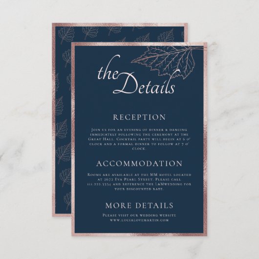 Classic Navy Matt Rose Gold Blätter Hochzeitsdetai Begleitkarte (Vorne/Hinten)