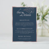 Classic Navy Matt Rose Gold Blätter Hochzeitsdetai Begleitkarte (Stehend Vorderseite)