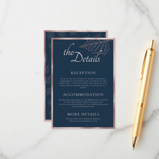 Classic Navy Matt Rose Gold Blätter Hochzeitsdetai Begleitkarte (Vorderseite/Rückseite Beispiel)
