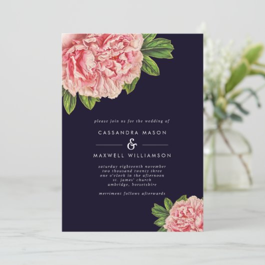 Classic Navy & Pink Peony Wedding Einladung (Stehend Vorderseite)