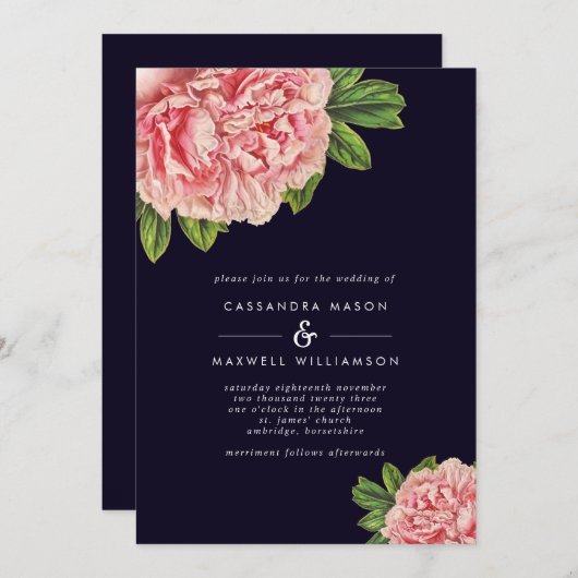 Classic Navy & Pink Peony Wedding Einladung (Vorne/Hinten)