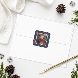 Classic Navy Red Green Tartan Kariert Holiday Foto Quadratischer Aufkleber